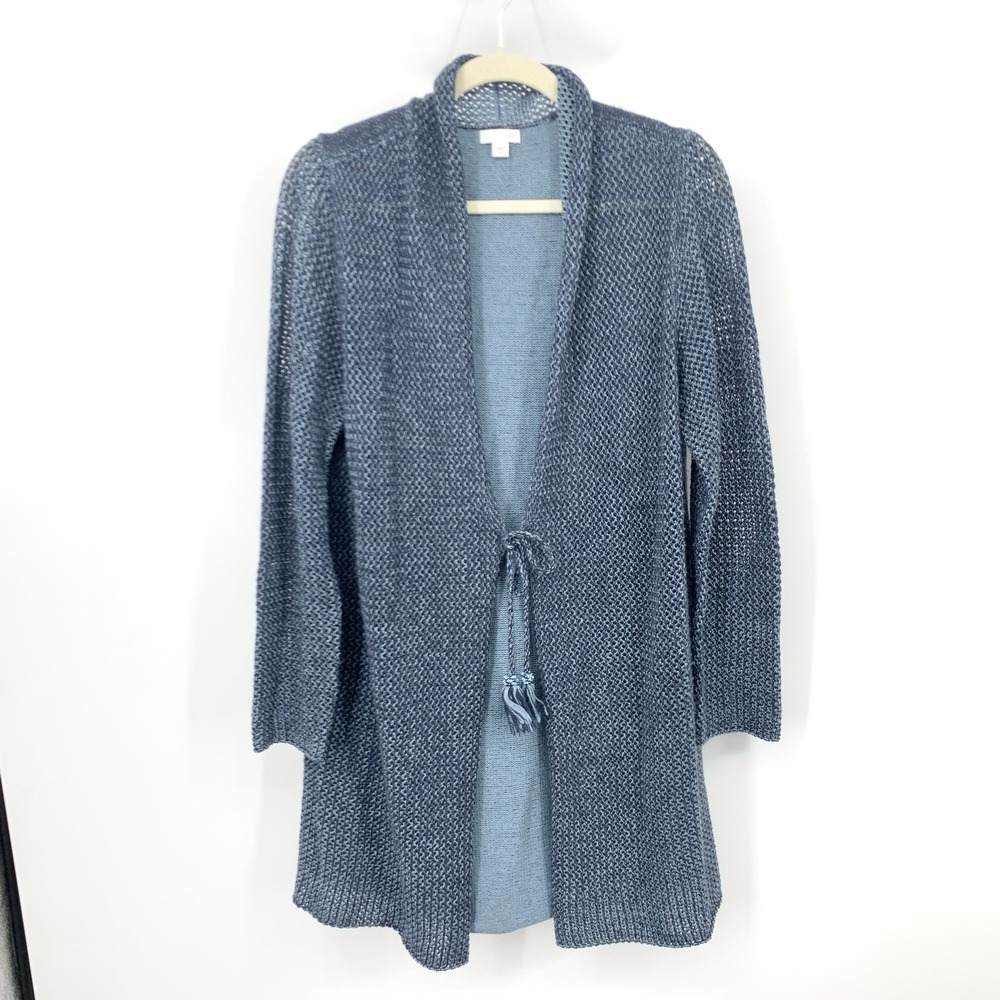 J Jill Women Size Medium Sweater Long‎ Tassel Tie Cardigan Blue Cotton Knit Top